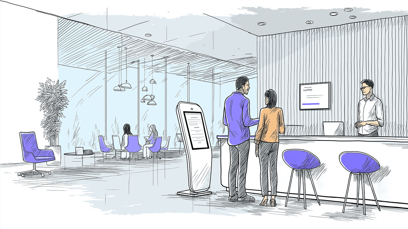 Illustration of a service branch with a self-service kiosk beside the reception counter